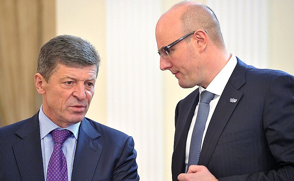 Deputy Prime Minister Dmitry Kozak and President of the autonomous non-commercial organisation Organising Committee of the XXII Olympic Winter Games and XI Paralympic Winter Games of 2014 in Sochi Dmitry Chernyshenko before the meeting of the Council for the Development of Physical Culture and Sport.