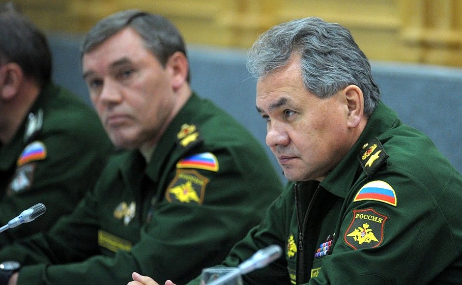 At a meeting with Defence Ministry officials and representatives of defence companies. Defence Minister Sergei Shoigu (right) and Chief of the General Staff of Russia’s Armed Forces Valery Gerasimov.