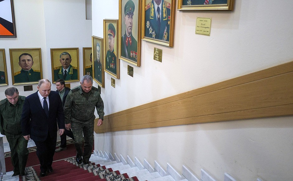At the headquarters of the Southern Military District. With Defence Minister Sergei Shoigu (right) and Chief of the General Staff of Russia's Armed Forces Valery Gerasimov.