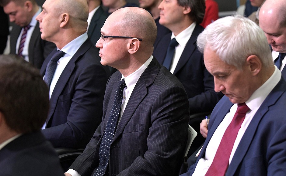 During a meeting with representatives of the public on implementing the Housing and Urban Environment national project. From left: First Deputy Prime Minister and Finance Minister Anton Siluanov, First Deputy Chief of Staff of the Presidential Executive Office Sergei Kiriyenko, Presidential Aide Andrei Belousov.