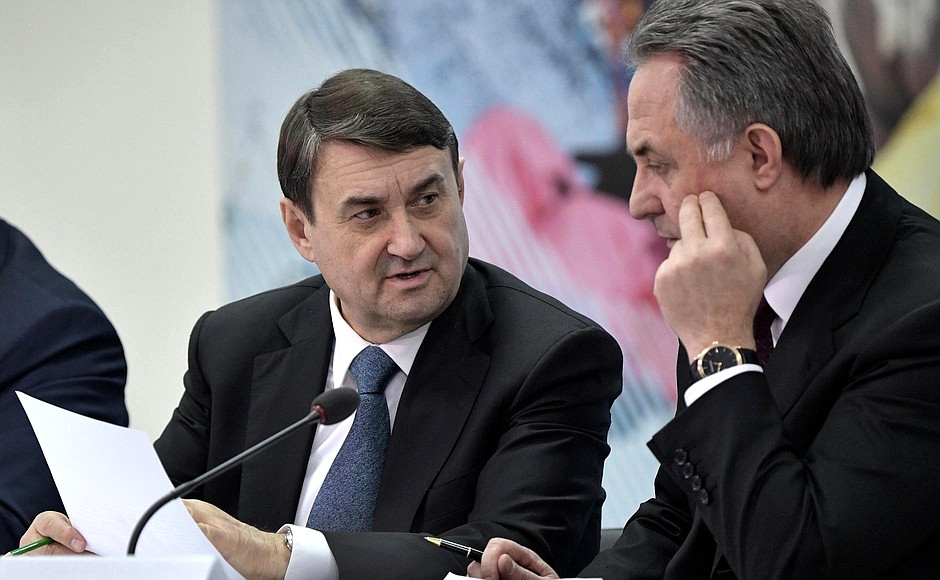Presidential Aide Igor Levitin (left) and Deputy Prime Minister Vitaly Mutko before the start of a meeting on preparations for the 29th Winter Universiade Krasnoyarsk 2019.