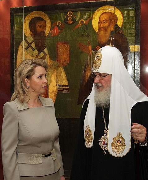 Svetlana Medvedeva and Patriarch Kirill of Moscow and All Russia visited the Holy Russia exhibition in the State Tretyakov Gallery of Russian fine art.