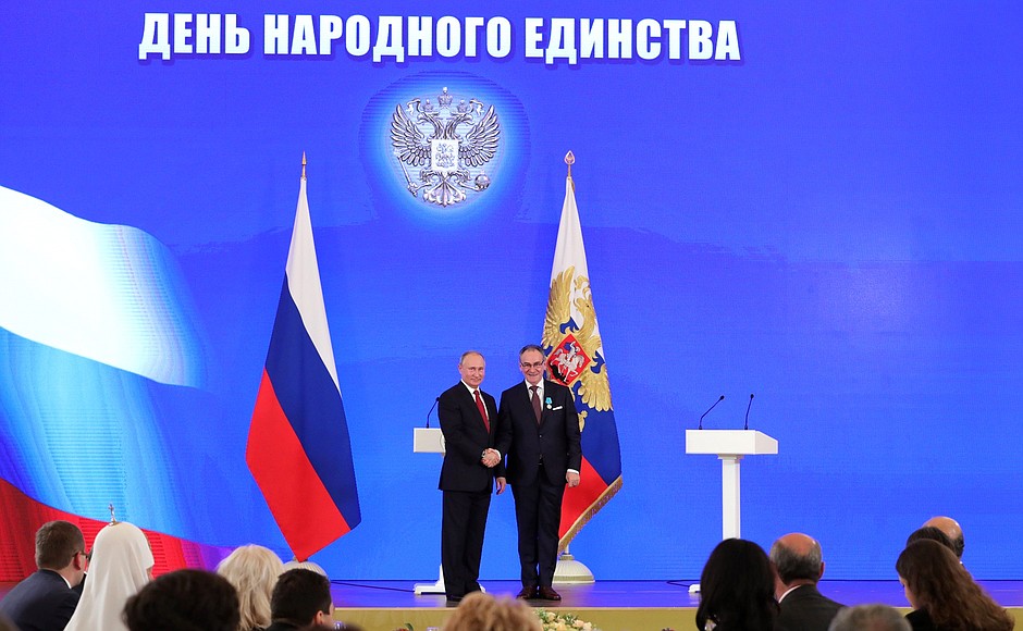The ceremony for presenting Russian Federation state decorations. Slovak National Theatre choreographer Rafael Avnikjan receives the Medal of Pushkin.