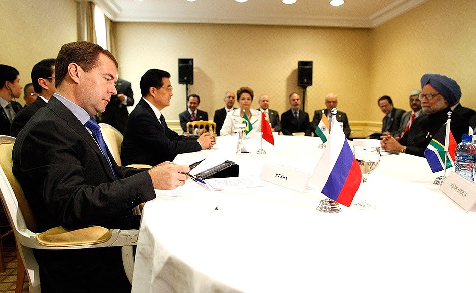At the meeting of the leaders of BRICS countries: Brazil, Russia, India, China and South Africa.