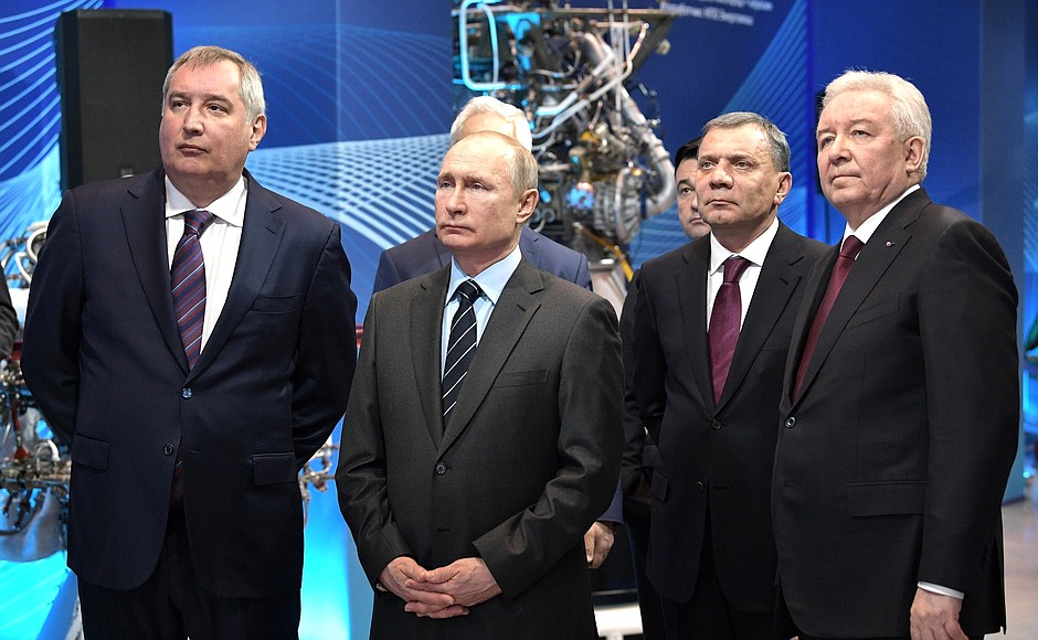 During a visit to the Energomash Research and Production Association. With Head of Roscosmos Dmitry Rogozin, left, Deputy Prime Minister Yuri Borisov and Energomash Director General Igor Arbuzov.