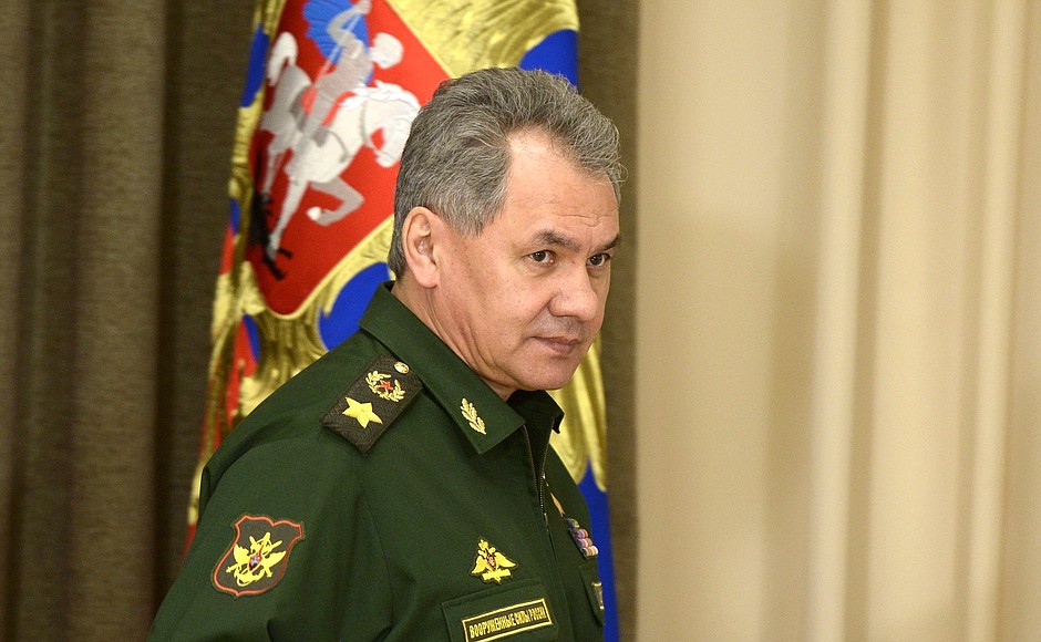Defence Minister Sergei Shoigu before the meeting with Defence Ministry leadership and representatives of the military-industrial complex.