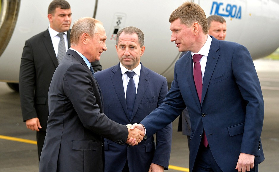 Arrival in Perm. With Perm Territory Acting Governor Maxim Reshetnikov, right, and Presidential Plenipotentiary Envoy to the Volga Federal District Mikhail Babich.