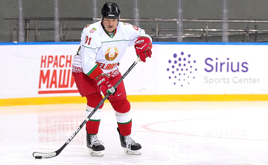 President of Belarus Alexander Lukashenko during the ice hockey game.