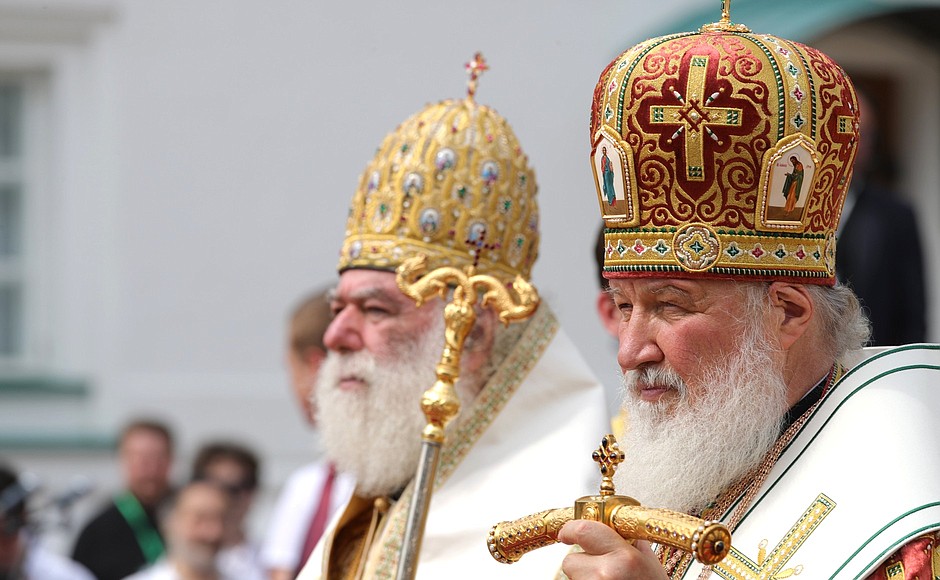 Patriarch of Moscow and All Russia Kirill, right, and Patriarch of Alexandria and All Africa Theodore II during the event to mark the 1030th anniversary of the Baptism of Rus.