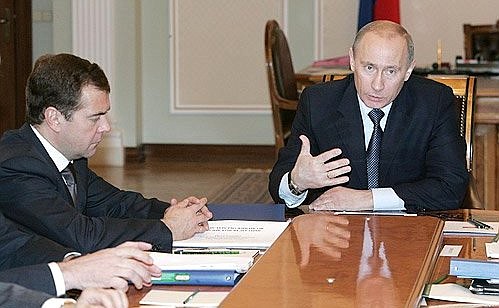 With President-elect Dmitrii Medvedev at a meeting on economic issues.
