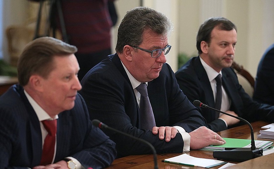 Before the meeting with Government members. From left: Chief of Staff of the Presidential Executive Office Sergei Ivanov, Deputy Prime Ministers Sergei Prikhodko and Arkady Dvorkovich.