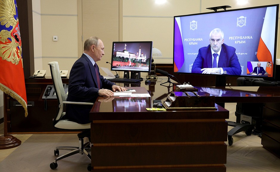 At the meeting with the Head of the Republic of Crimea Sergei Aksyonov (via videoconference).