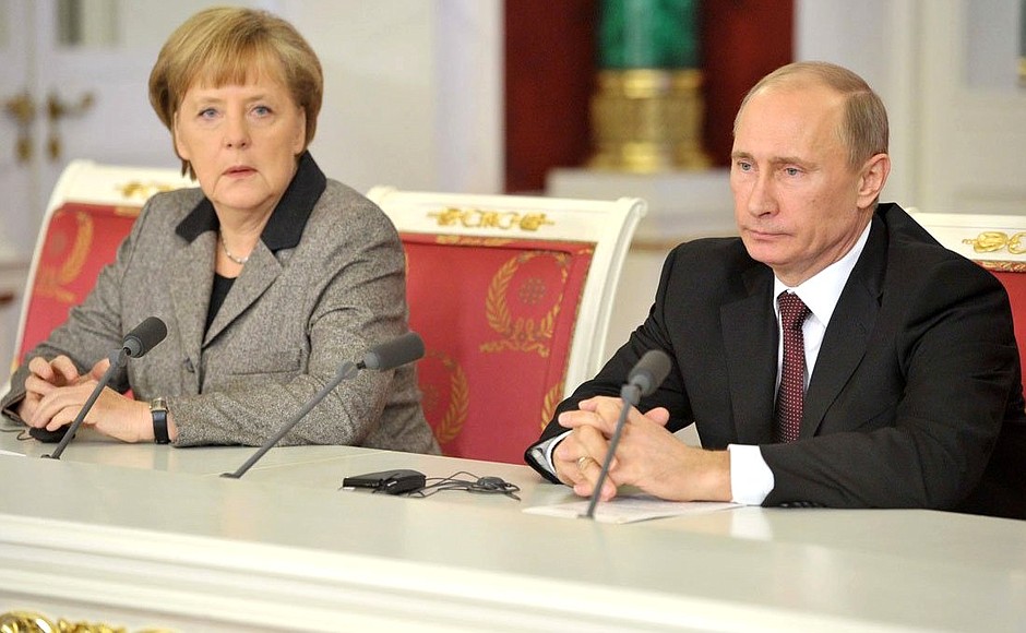 With Federal Chancellor of Germany Angela Merkel at the news conference following Russian-German interstate consultations.