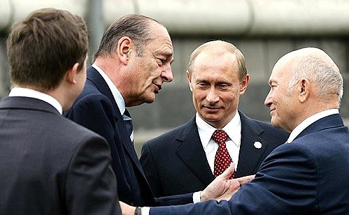 At the Unveiling of a Monument to General Charles de Gaulle. With French President Jacques Chirac (left) and Moscow mayor Yuri Luzhkov (right).