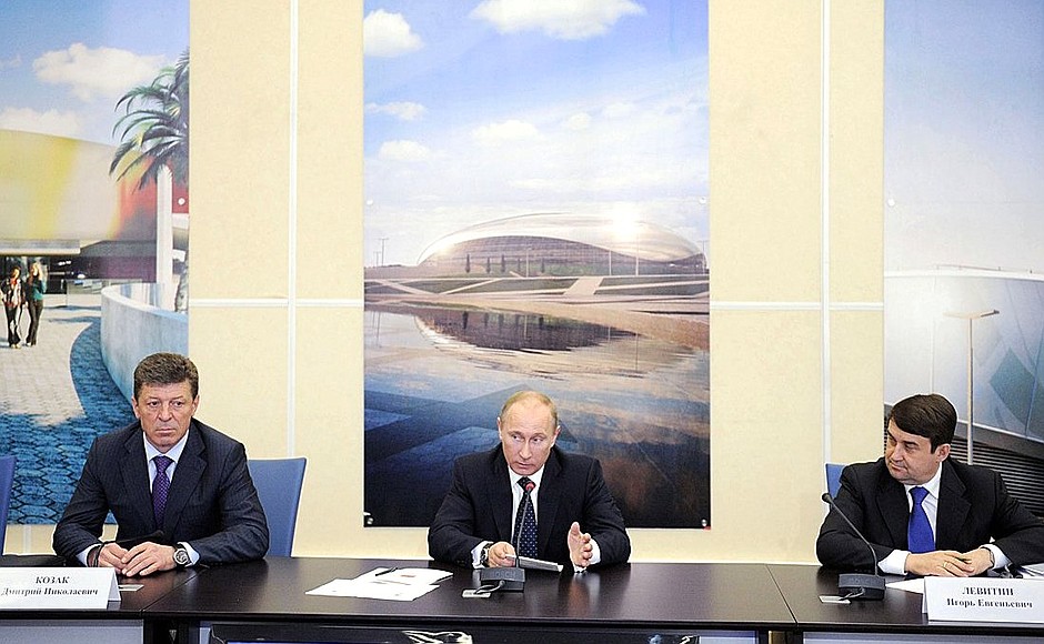 At a meeting on preparations for the 2014 Sochi Olympics. With Acting Deputy Prime Minister Dmitry Kozak (left) and Acting Transport Minister Igor Levitin (right).