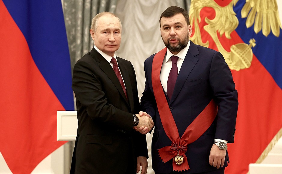 Ceremony for presenting state decorations. Acting Head of the Donetsk People's Republic Denis Pushilin was awarded the Order for Service to the Fatherland, I degree.