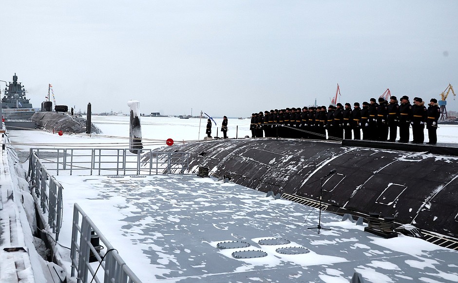 Ceremony for raising naval flags on nuclear-powered submarines Emperor Alexander III and Krasnoyarsk.