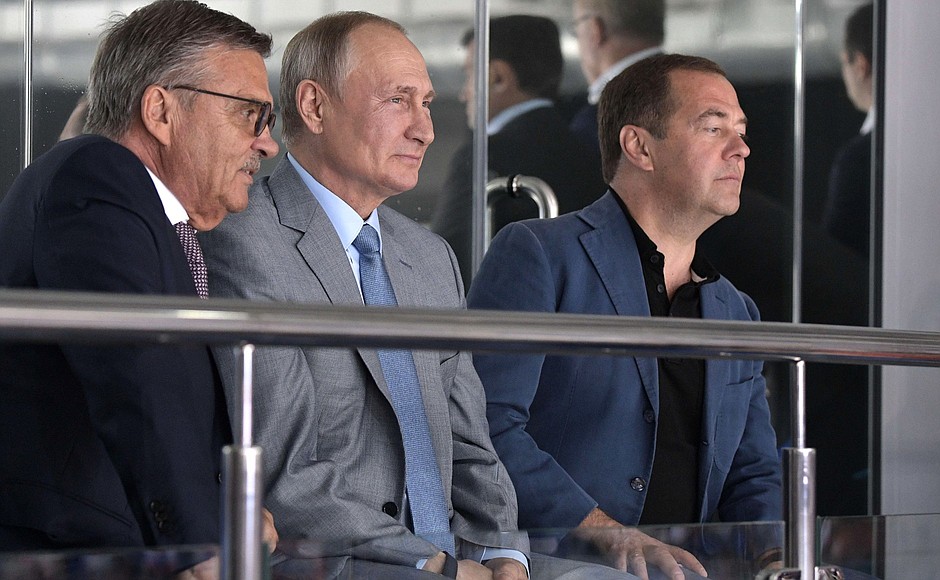 At the opening of the 2019 Sirius Junior Club World Cup. With President of the International Ice Hockey Federation and member of the Executive Board of the International Olympic Committee René Fasel (left) and Prime Minister of the Russian Federation Dmitry Medvedev.