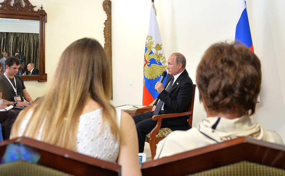 Vladimir Putin answered questions from Russian journalists following the BRICS Summit.