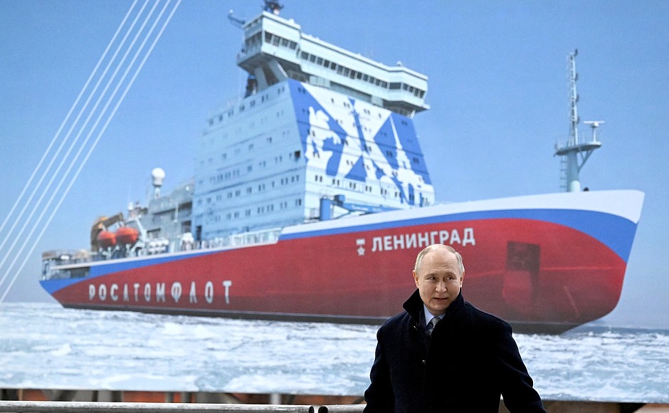 During the keel-laying ceremony for the nuclear-powered icebreaker Leningrad.