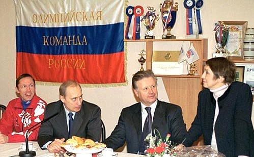 President Putin meets with members of the Russian Olympic select team. President Putin with Russian skier, world and Olympic champion Alexei Prokurorov, Leonid Tyagachyov, President of the National Olympic Committee, and Tamara Moskvina, coach of the Russian figure-skating Olympic team (left to right).