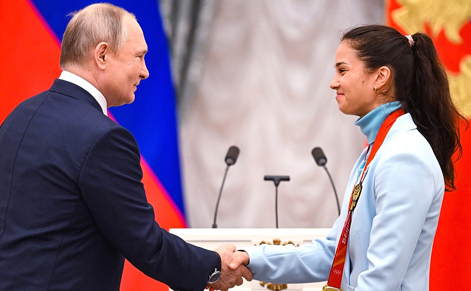 At ceremony for presenting state decorations to gold medallists of the XXIV Olympic Winter Games in Beijing. Veronika Stepanova, the 2022 Winter Olympics gold medallist in cross-country skiing 4x5 km relay, Merited Master of Sport of Russia, is awarded the Order of Friendship.
