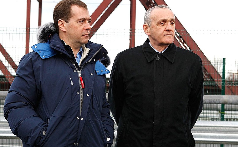 With President of Abkhazia Alexander Ankvab during the inspection of a new bridge on the Russia-Abkhazia border.