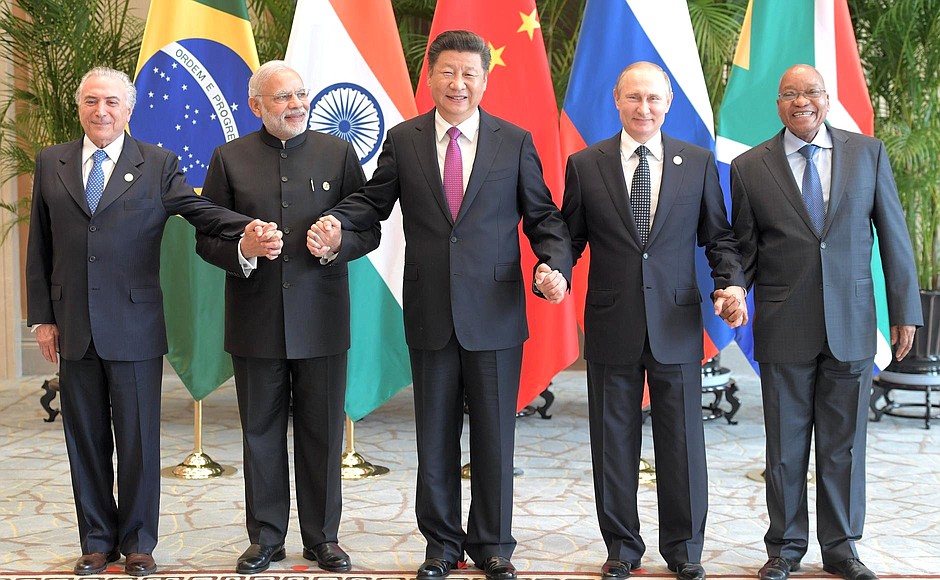 At the meeting of BRICS leaders, from left: President of Brazil Michel Temer, Prime Minister of India Narendra Modi, President of the People's Republic of China Xi Jinping, President of Russia Vladimir Putin, and President of the Republic of South Africa Jacob Zuma.