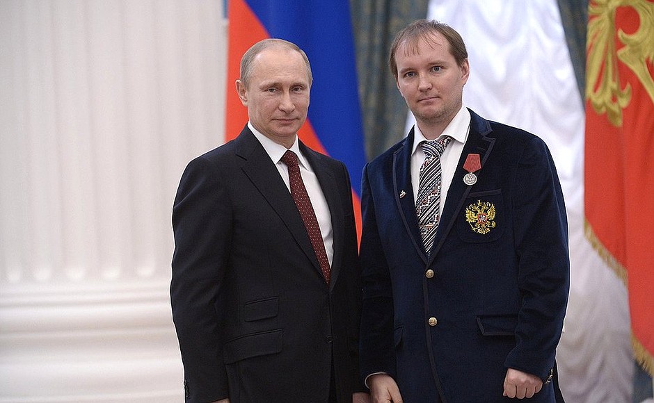 Presenting Russian Federation state decorations. Coach for the Russian Paralympic curling team at the National Sports Training Centre Anton Batugin is awarded the Order for Services to the Fatherland, II degree.