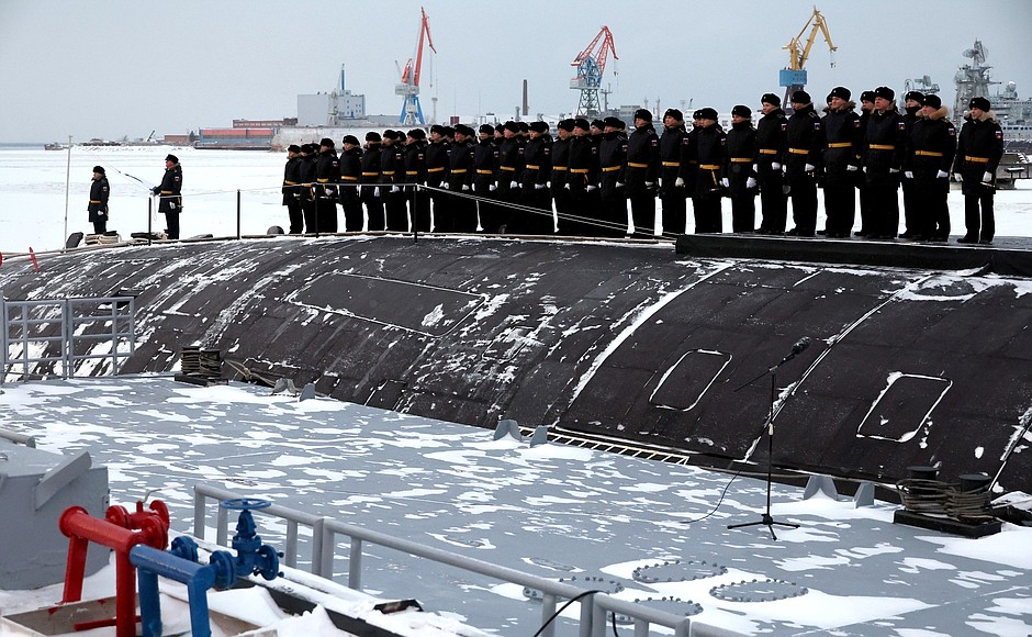 Ceremony for raising naval flag on nuclear-powered submarine Krasnoyarsk.
