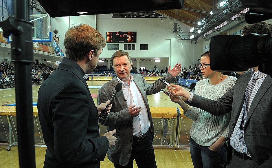 Sergei Ivanov talking to journalists after the International Student Basketball League’s Stars’ Competition.