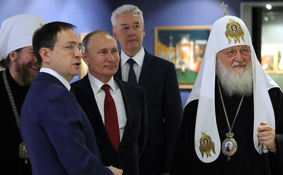 Attending exhibition Treasures of Russian Museums. With Culture Minister Vladimir Medinsky, Moscow Mayor Sergei Sobyanin and Patriarch Kirill of Moscow and All Russia.