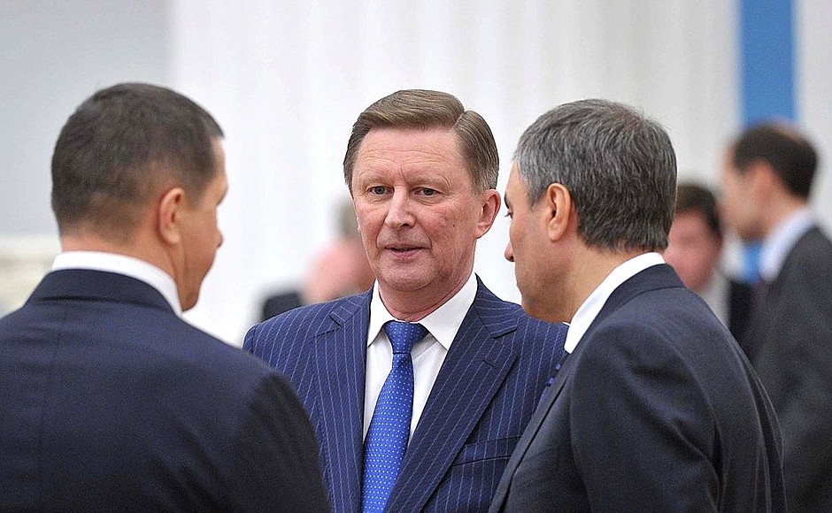 Chief of Staff of the Presidential Executive Office Sergei Ivanov (centre), Presidential Aide Yury Trutnev (left) and First Deputy Chief of Staff of the Presidential Executive Office Vyacheslav Volodin before the meeting with representatives of student sports clubs.