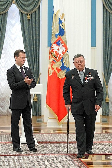 Ceremony presenting state decorations. Gennady Strigunov, a liquidator who took part in the clean-up operations at the Chernobyl nuclear power plant, received the Order of Courage.