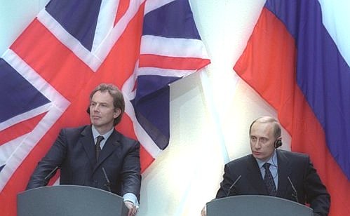 Addressing a joint news conference with British Prime Minister Tony Blair.