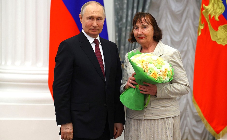 Ceremony for presenting state decorations. The Honorary Title Merited Teacher of the Russian Federation is awarded to Maria Trofimenko, teacher and mentor of Hero of the Russian Federation Eduard Tseyev.