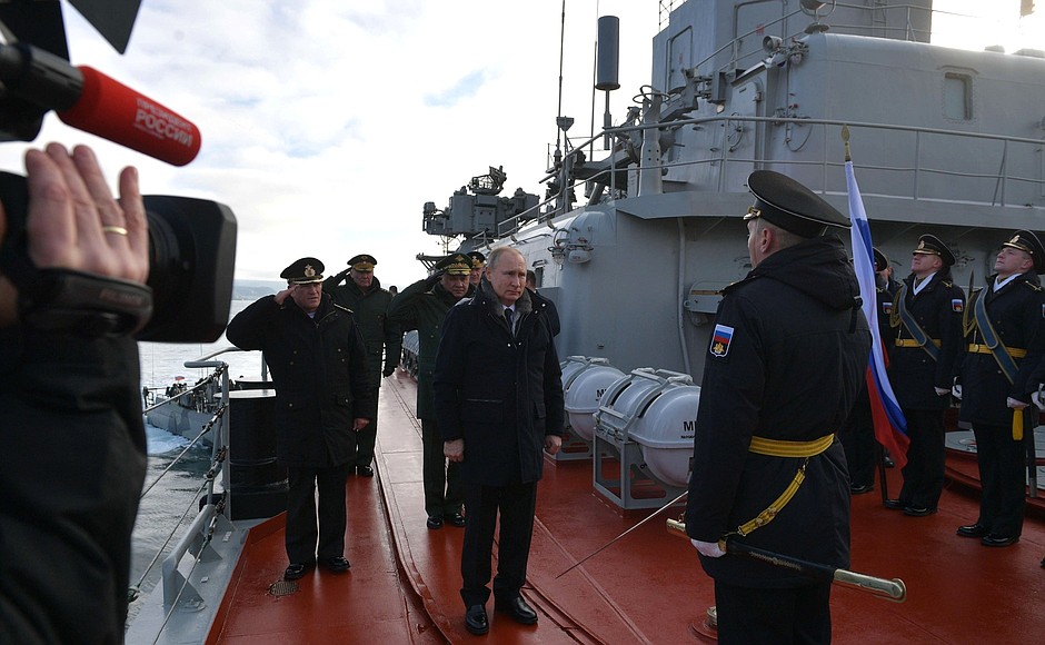 Aboard the guided missile cruiser Marshal Ustinov during the joint exercises of the Northern and Black Sea fleets.