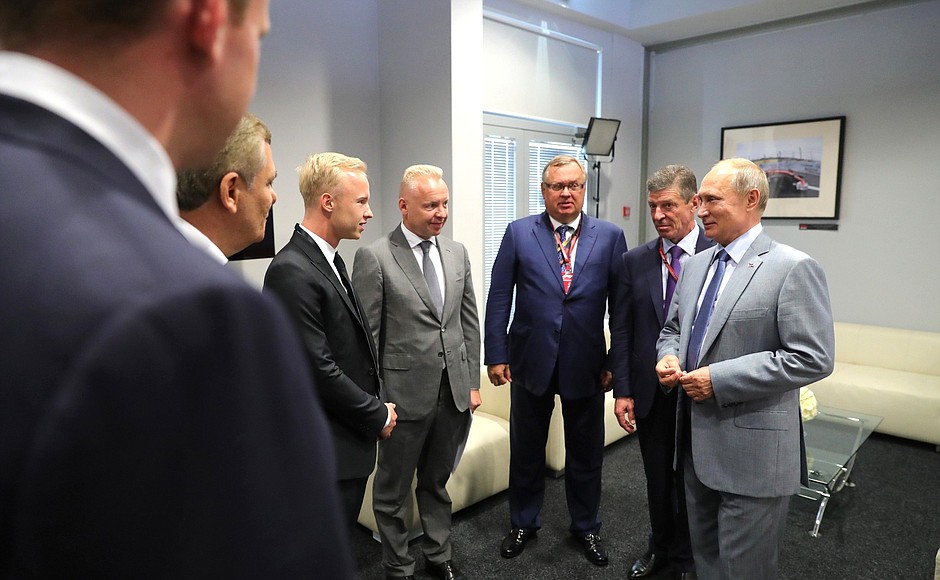 Vladimir Putin meets with representatives of the competition’s sponsor companies following the awards ceremony for the winners of the Formula 1 Russian Grand Prix auto race.