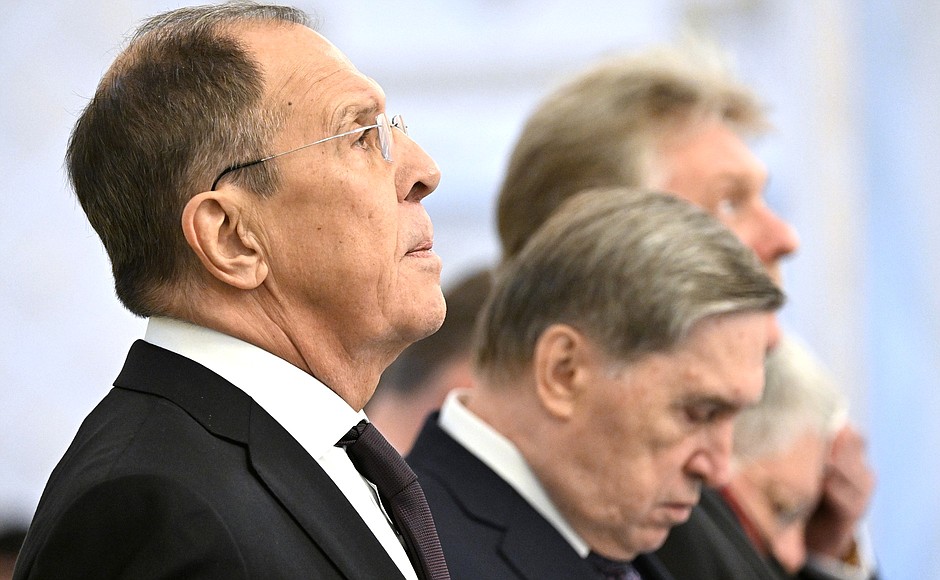 Russian Foreign Minister Sergei Lavrov before the official ceremony to welcome Vladimir Putin by President of Kazakhstan Kassym-Jomart Tokayev.