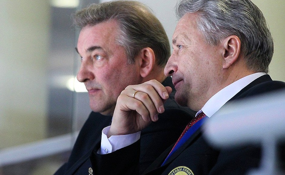 President of the Russian Hockey Federation, three-time Olympic champion and honoured master of sports of the USSR Vladislav Tretyak (left) and two-time Olympic champion, honoured master of sports of the USSR and honoured trainer of Russia Alexander Yakushev at the opening of the XV World Ice Hockey U18 Championship.