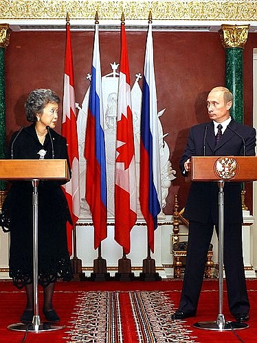 At a joint press conference with Canadian Governor-General Adrienne Clarkson.