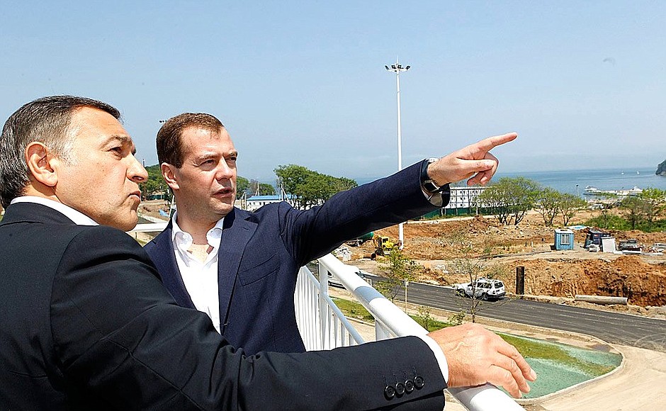 With President of Crocus International Aras Agalarov. During a helicopter viewing of the bridge over the Eastern Bosporus Straight and facilities being built for the APEC summit. With President of Crocus International Aras Agalarov.