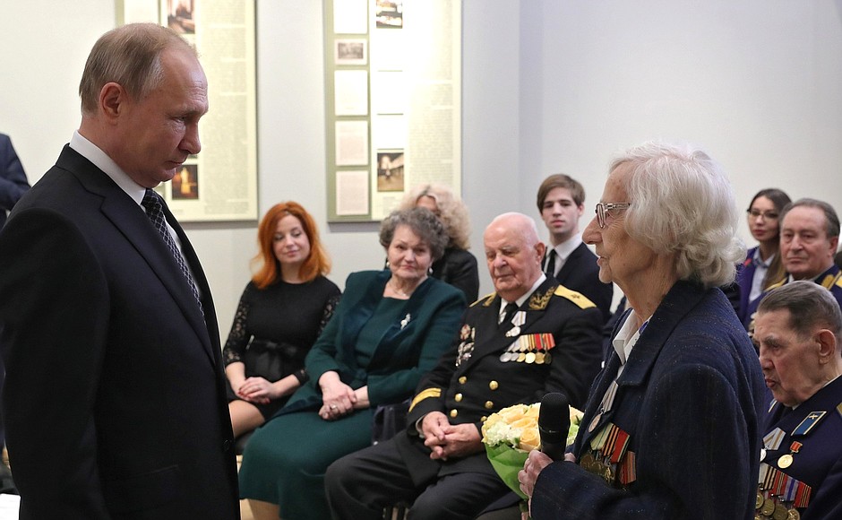 At the award ceremony, where the President presented the 75 Years of Victory in the Great Patriotic War of 1941–1945 anniversary medals. With Great Patriotic War veteran Yekaterina Tuturova.