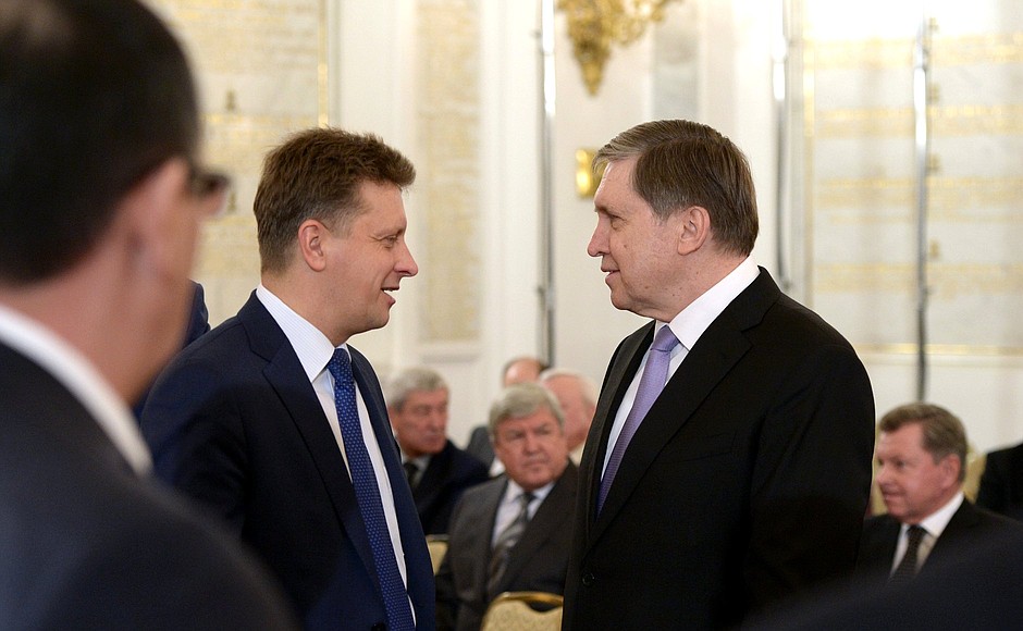 Before the Presidential Address to the Federal Assembly. Transport Minister Maxim Sokolov (left) and Presidential Aide Yury Ushakov.