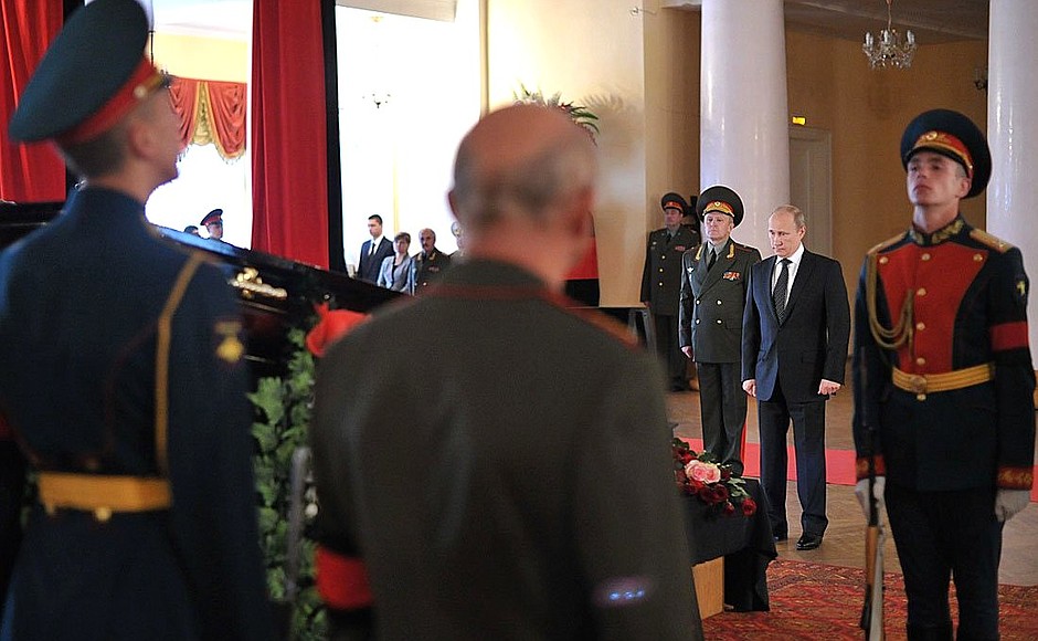 At a ceremony paying last respects to Marshal Sergei Sokolov, Hero of the Soviet Union.