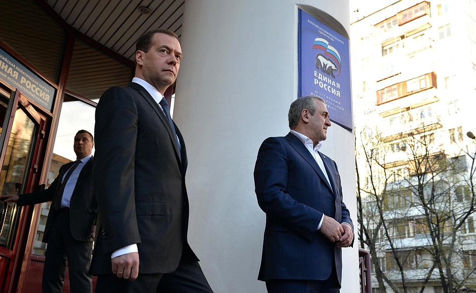 Prime Minister Dmitry Medvedev before the meeting with participants in United Russia’s primaries.