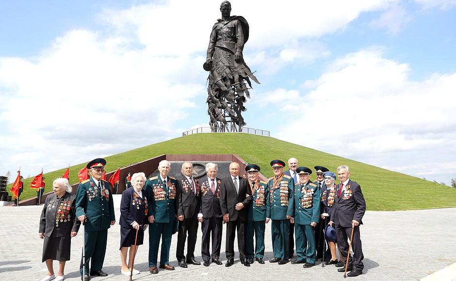 With Great Patriotic War veterans participating in the unveiling of the Rzhev Memorial to Soviet Soldiers.