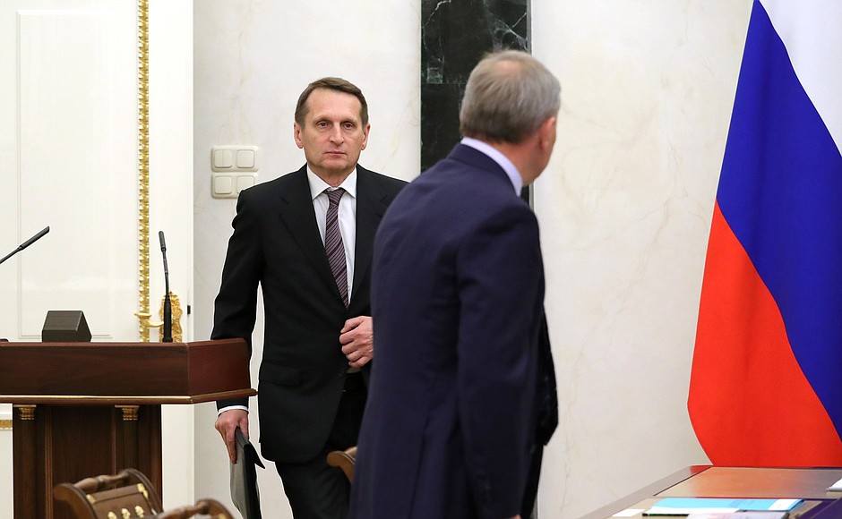 Foreign Intelligence Service Director Sergei Naryshkin before the meeting of the Commission for Military Technology Cooperation with Foreign States.