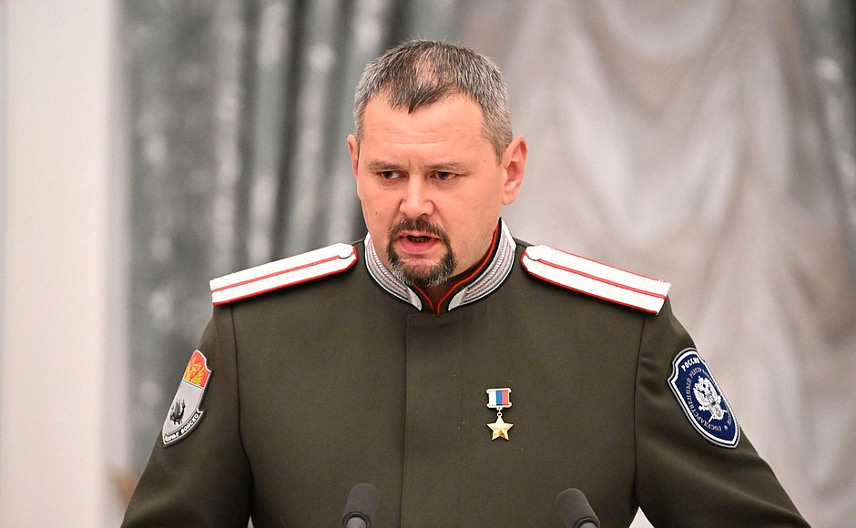 Ceremony for presenting state decorations. Commander of Siberia Volunteer Cossack Expeditionary Battalion Oleg Likontsev awarded the title Hero of the Russian Federation.