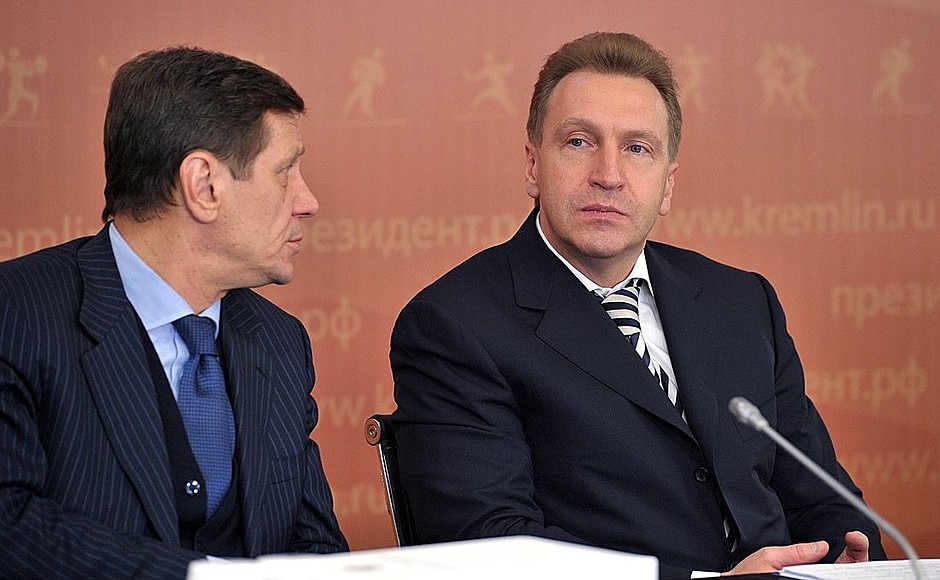 State Duma Deputy Speaker and Russian Olympic Committee President Alexander Zhukov and First Deputy Prime Minister Igor Shuvalov at the meeting of the Council for the Development of Physical Culture and Sport.